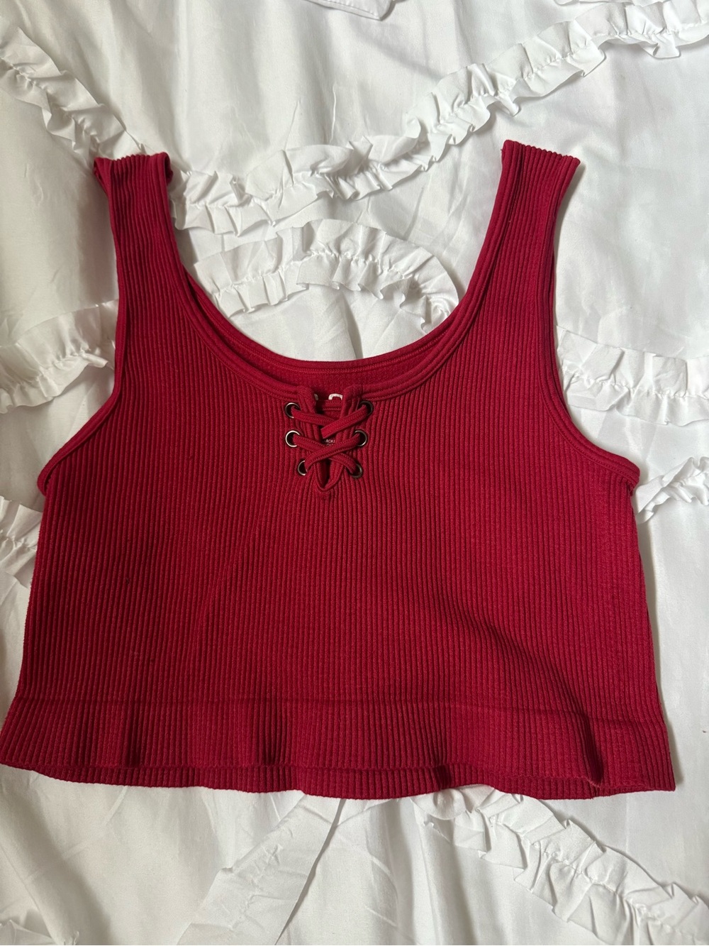 Lace-Up Ribbed Crop Tank Top - Red